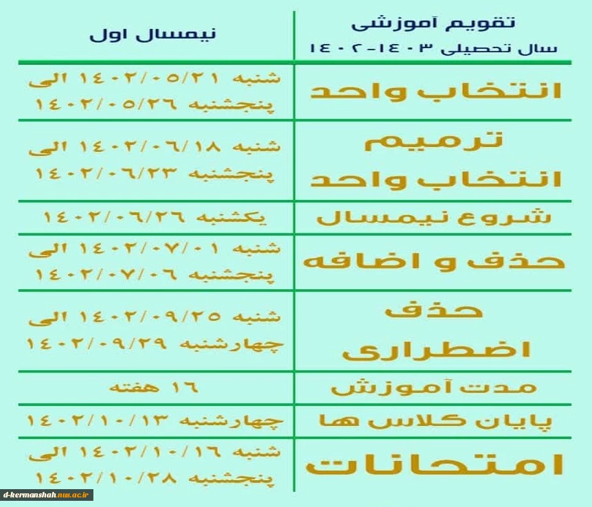 تـقـویـم آمـوزشـی 
سال تحصیلی ۱۴۰۳-۱۴۰۲ (ترم مهر ۱۴۰۲) 2